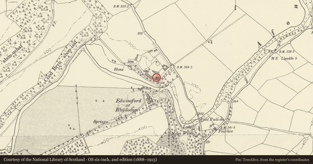Ordnance Survey six-inch map, 2nd edition (1888–1913) covering the location of Edwinsford Home Farm, Llansawel, Carmarthenshire, with a pin at the register's coordinates