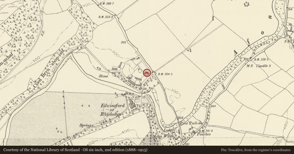 Ordnance Survey six-inch map, 2nd edition (1888–1913) covering the location of The Coach House- no description available 3/12/2004 RM, Llansawel, Carmarthenshire, with a pin at the register's coordinates