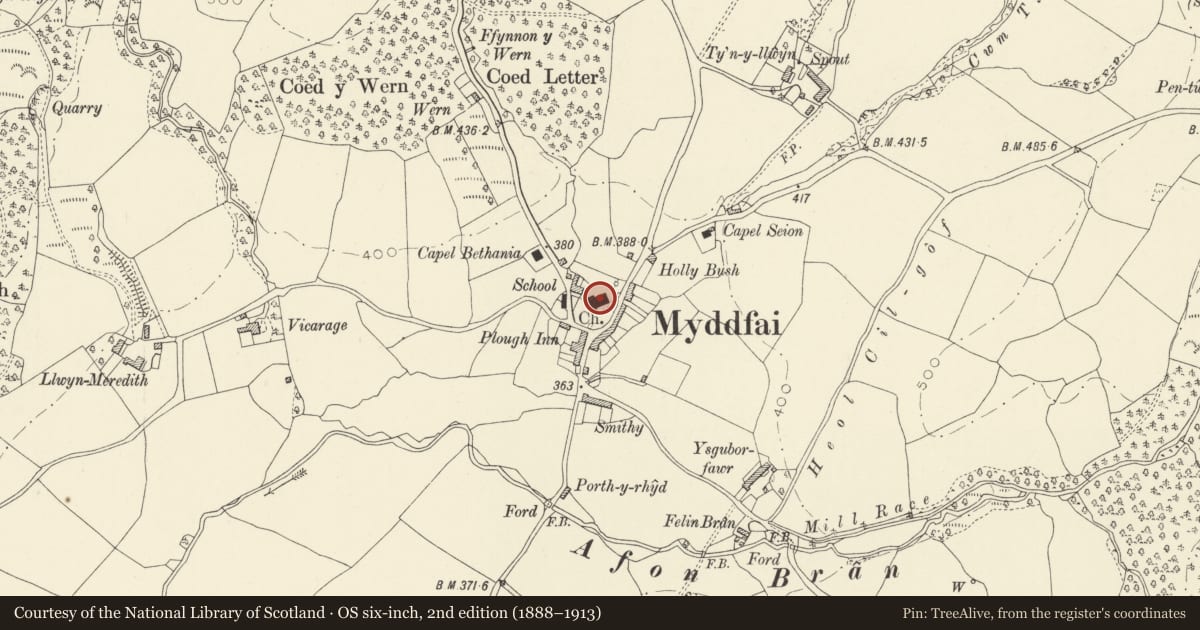 Ordnance Survey six-inch map, 2nd edition (1888–1913) covering the location of Church of St Michael, Myddfai, Carmarthenshire, with a pin at the register's coordinates