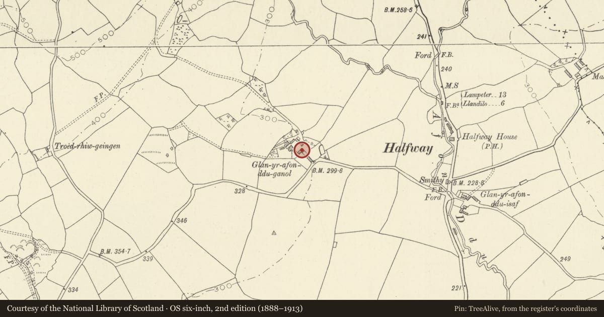 Ordnance Survey six-inch map, 2nd edition (1888–1913) covering the location of Glanyravon Ddu Ganol Farmhouse, Talley, Carmarthenshire, with a pin at the register's coordinates