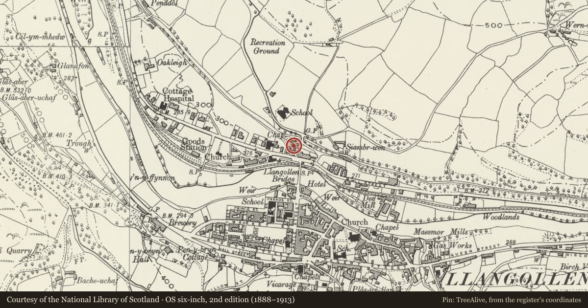 Ordnance Survey six-inch map, 2nd edition (1888–1913) covering the location of 4 Abbey Square, Llangollen, Denbighshire, with a pin at the register's coordinates