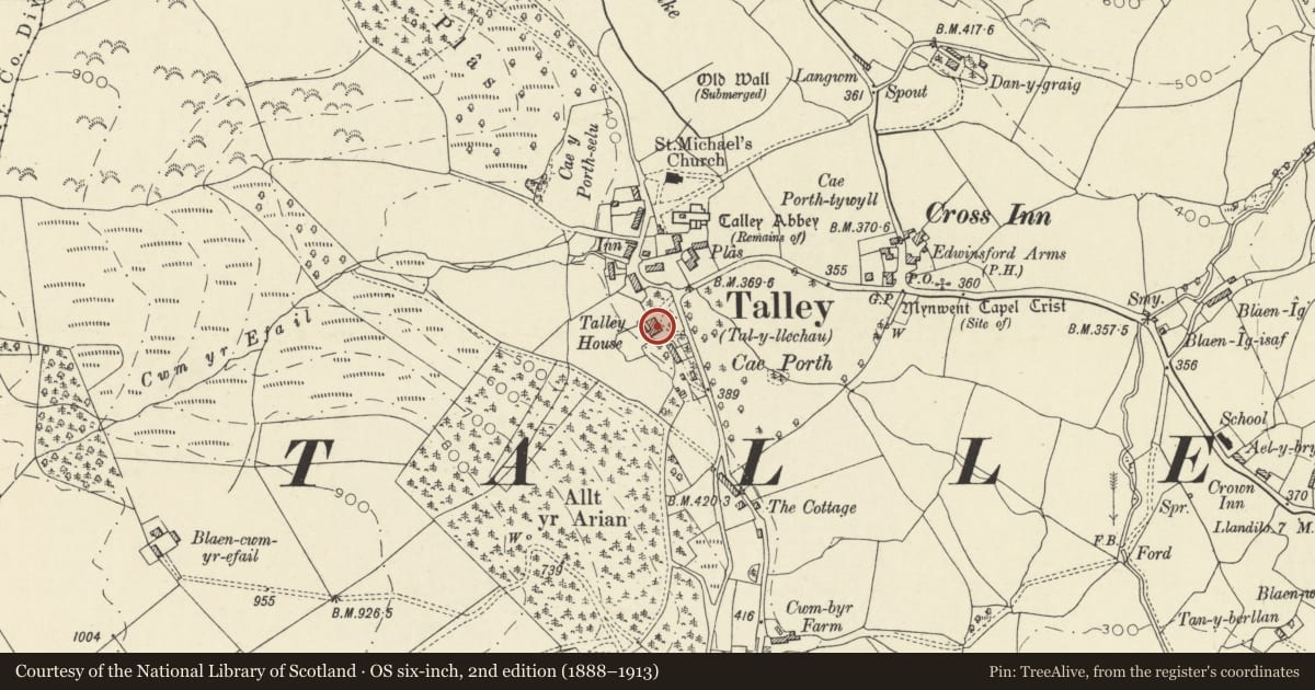 Ordnance Survey six-inch map, 2nd edition (1888–1913) covering the location of Talley House, Carmarthenshire, with a pin at the register's coordinates