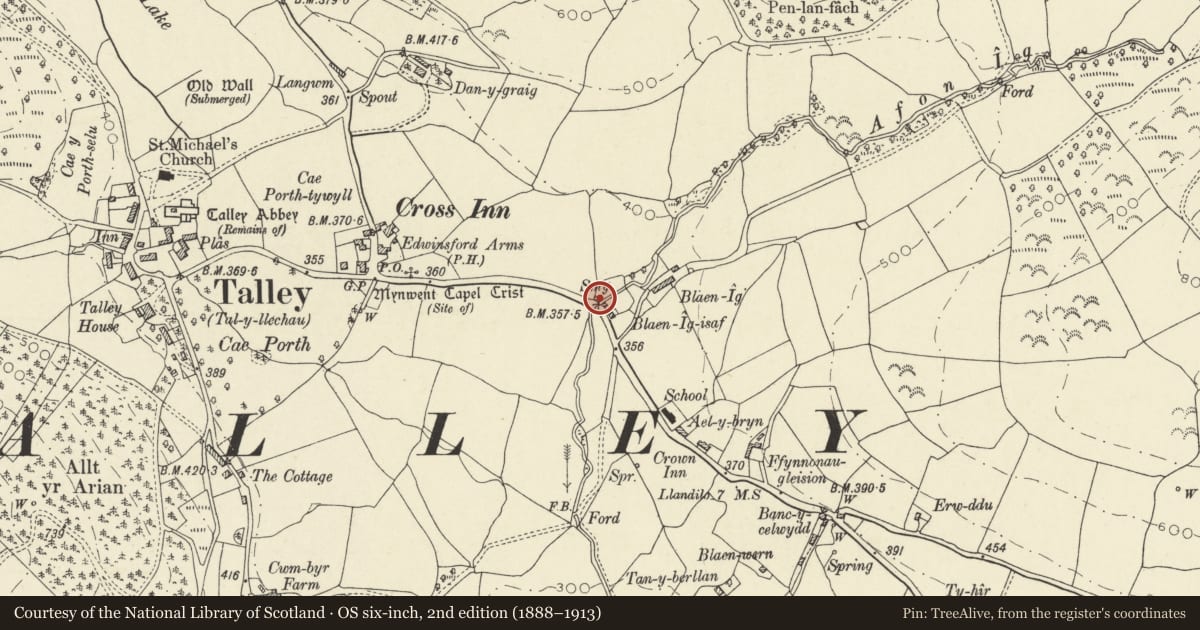 Ordnance Survey six-inch map, 2nd edition (1888–1913) covering the location of Former Blacksmith's Shop, Talley, Carmarthenshire, with a pin at the register's coordinates