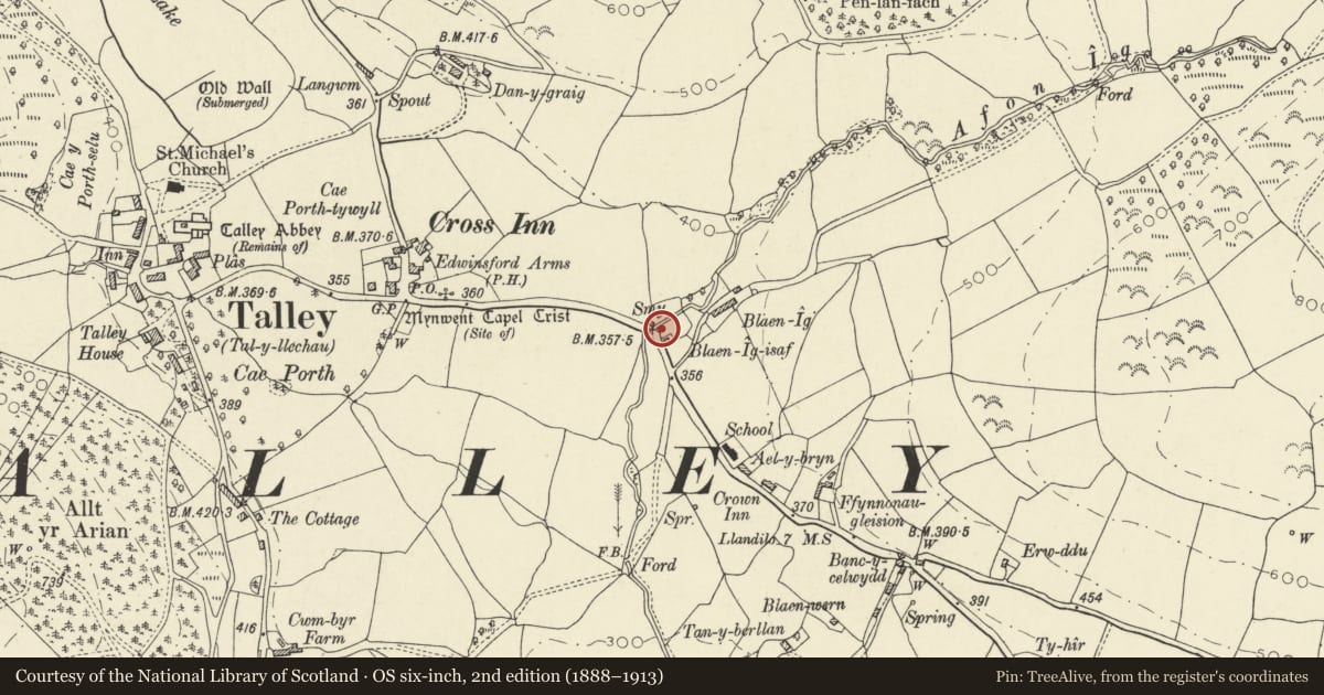 Ordnance Survey six-inch map, 2nd edition (1888–1913) covering the location of Cart-House to S of former Blacksmith's Shop, Talley, Carmarthenshire, with a pin at the register's coordinates