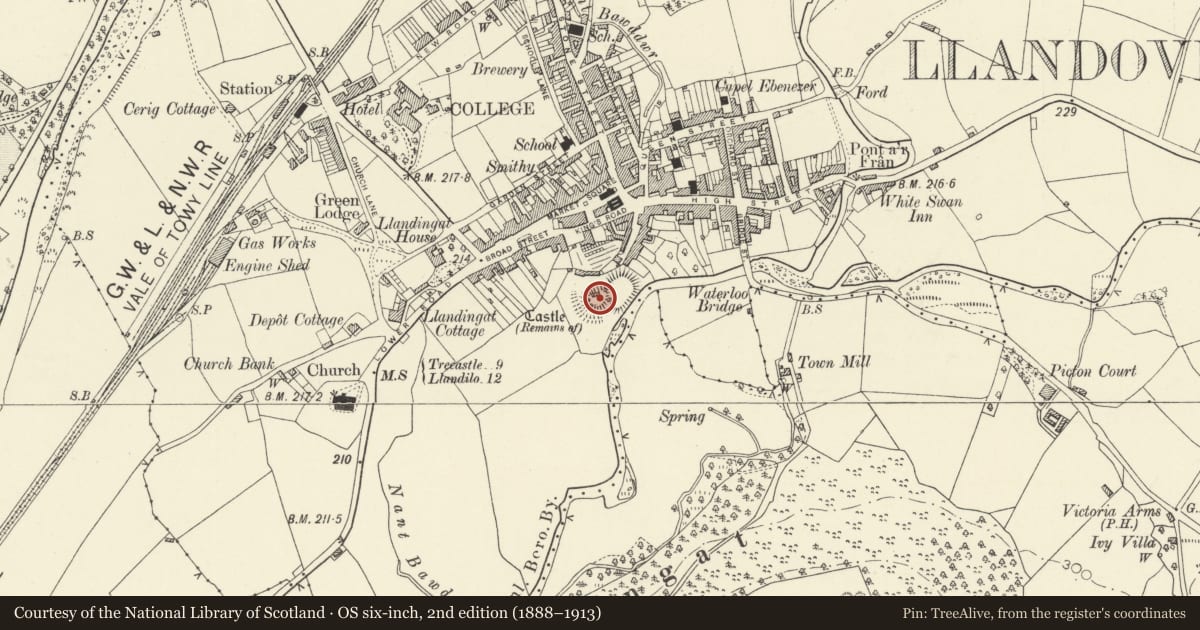 Ordnance Survey six-inch map, 2nd edition (1888–1913) covering the location of Llandovery Castle, Carmarthenshire, with a pin at the register's coordinates