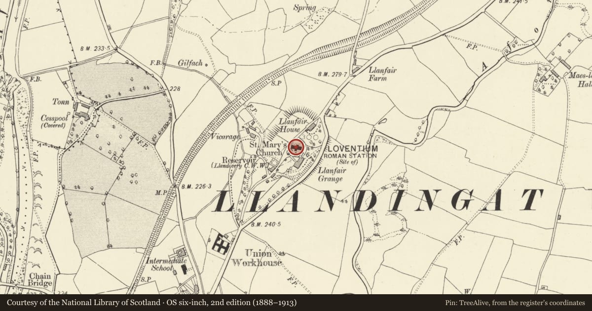 Ordnance Survey six-inch map, 2nd edition (1888–1913) covering the location of Church of St Mary, Llandovery, Carmarthenshire, with a pin at the register's coordinates