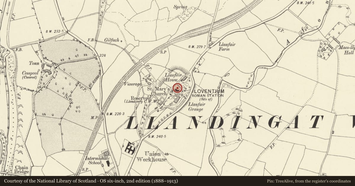 Ordnance Survey six-inch map, 2nd edition (1888–1913) covering the location of Monument & memorial of William Williams in churchyard of St Mary's Church, Llandovery, Carmarthenshire, with a pin at the register's coordinates