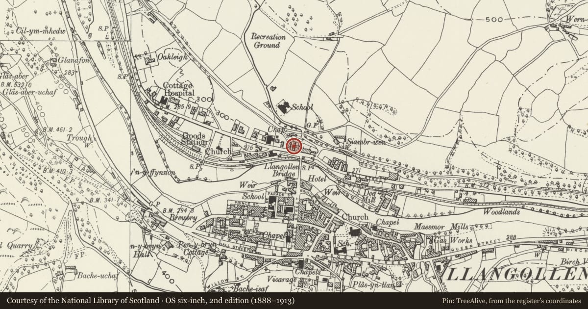 Ordnance Survey six-inch map, 2nd edition (1888–1913) covering the location of 3 Abbey Road, Llangollen, Denbighshire, with a pin at the register's coordinates