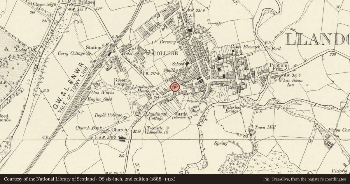 Ordnance Survey six-inch map, 2nd edition (1888–1913) covering the location of Bank House, Llandovery, Carmarthenshire, with a pin at the register's coordinates