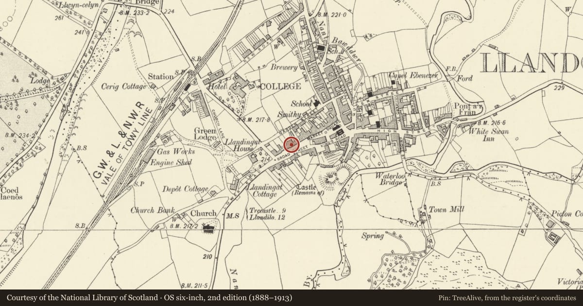 Ordnance Survey six-inch map, 2nd edition (1888–1913) covering the location of Mile End House, Llandovery, Carmarthenshire, with a pin at the register's coordinates
