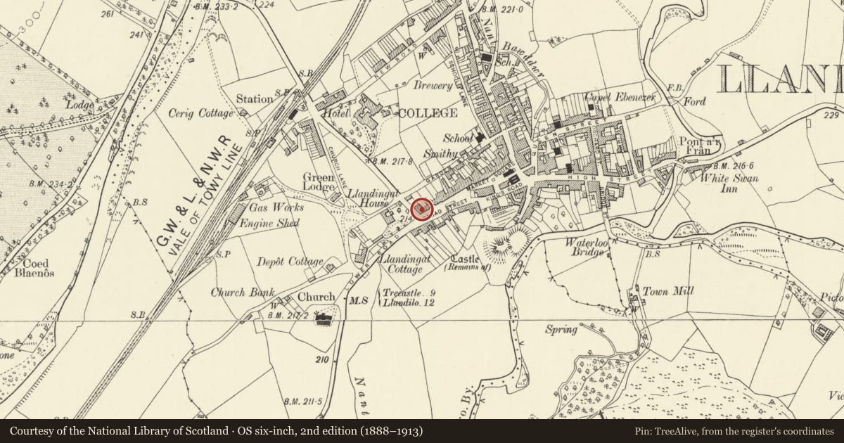 Ordnance Survey six-inch map, 2nd edition (1888–1913) covering the location of Clarence House, Llandovery, Carmarthenshire, with a pin at the register's coordinates
