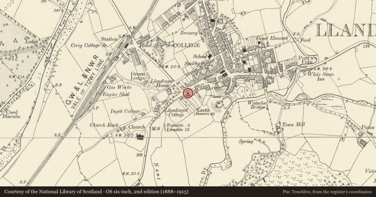 Ordnance Survey six-inch map, 2nd edition (1888–1913) covering the location of Frankville, Llandovery, Carmarthenshire, with a pin at the register's coordinates