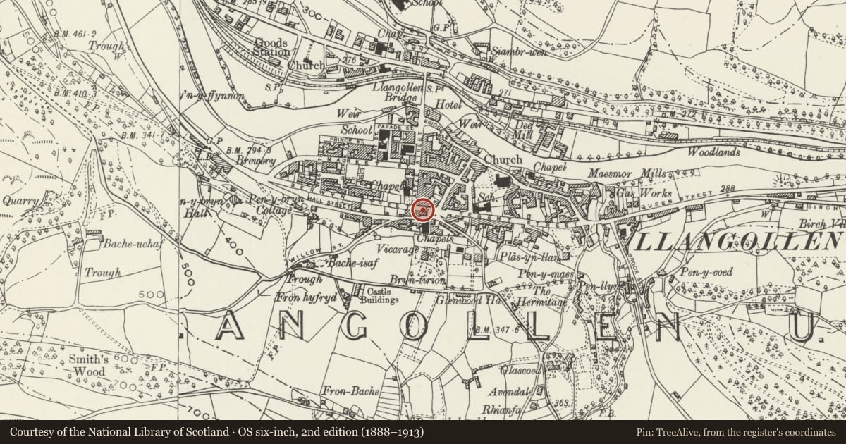 Ordnance Survey six-inch map, 2nd edition (1888–1913) covering the location of Old town Hall, Llangollen, Denbighshire, with a pin at the register's coordinates