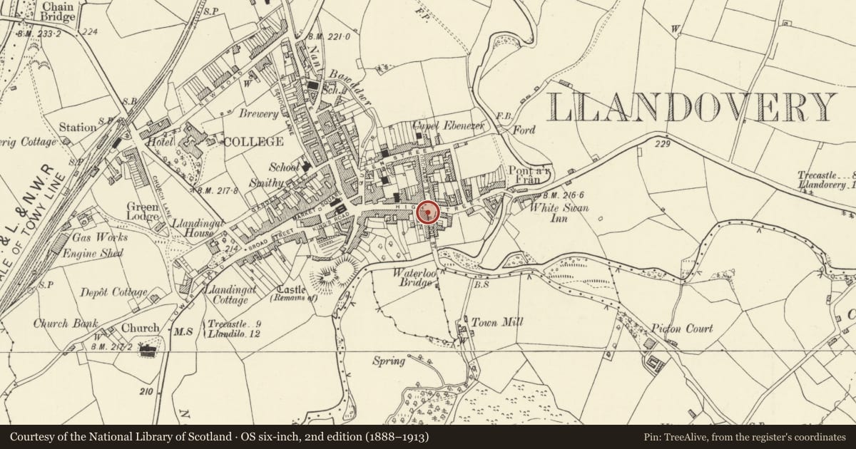 Ordnance Survey six-inch map, 2nd edition (1888–1913) covering the location of Jubilee Stores, Llandovery, Carmarthenshire, with a pin at the register's coordinates