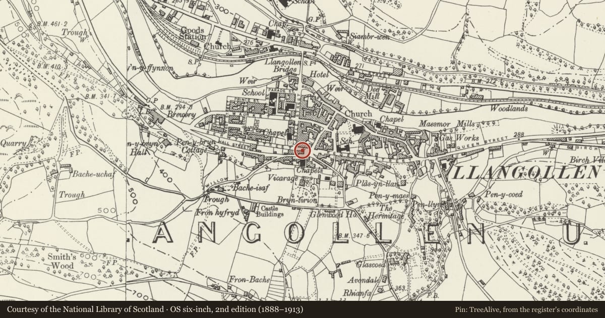 Ordnance Survey six-inch map, 2nd edition (1888–1913) covering the location of The Old Armoury, Llangollen, Denbighshire, with a pin at the register's coordinates