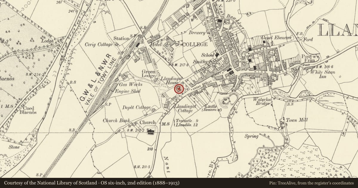 Ordnance Survey six-inch map, 2nd edition (1888–1913) covering the location of Llandingat House, Llandovery, Carmarthenshire, with a pin at the register's coordinates