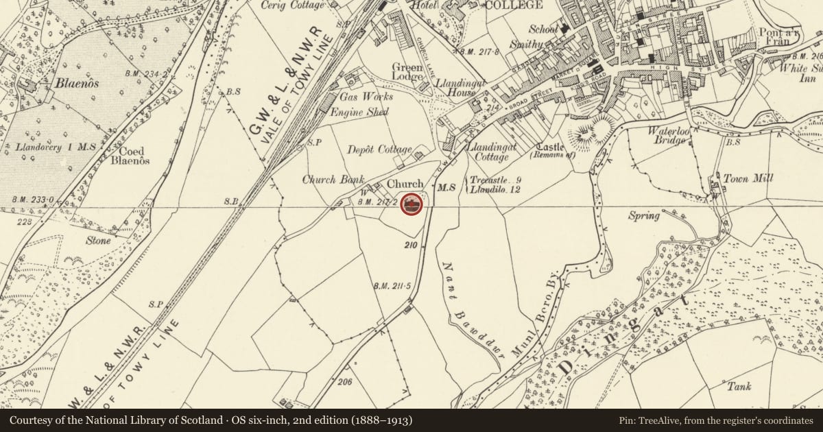 Ordnance Survey six-inch map, 2nd edition (1888–1913) covering the location of Church of St Dingat, Llandovery, Carmarthenshire, with a pin at the register's coordinates