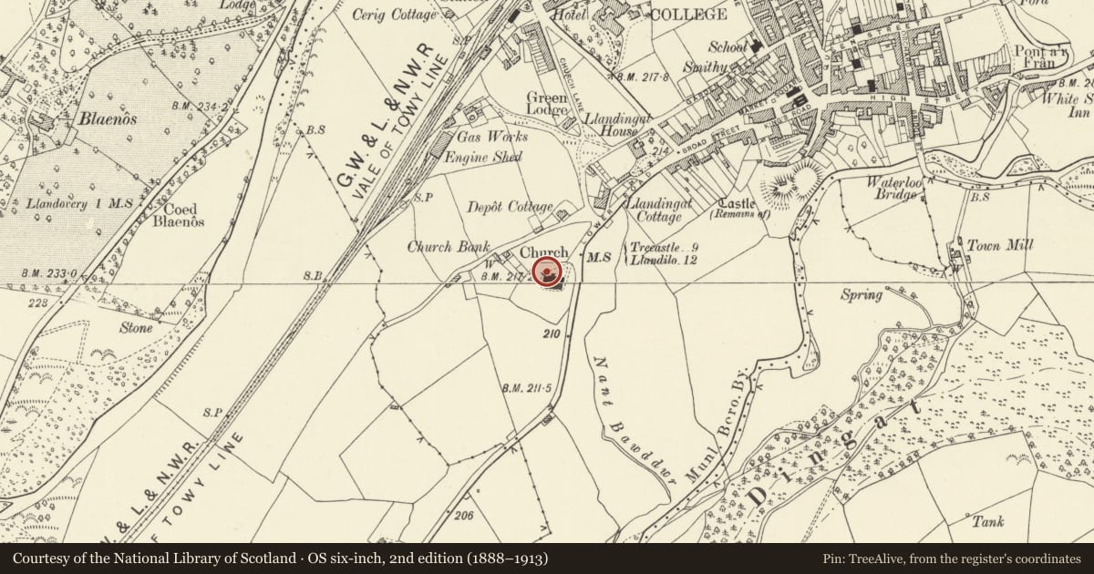 Ordnance Survey six-inch map, 2nd edition (1888–1913) covering the location of Railings to grave enclosure against N wall of churchyard of Church of St Dingat, Llandovery, Carmarthenshire, with a pin at the register's coordinates