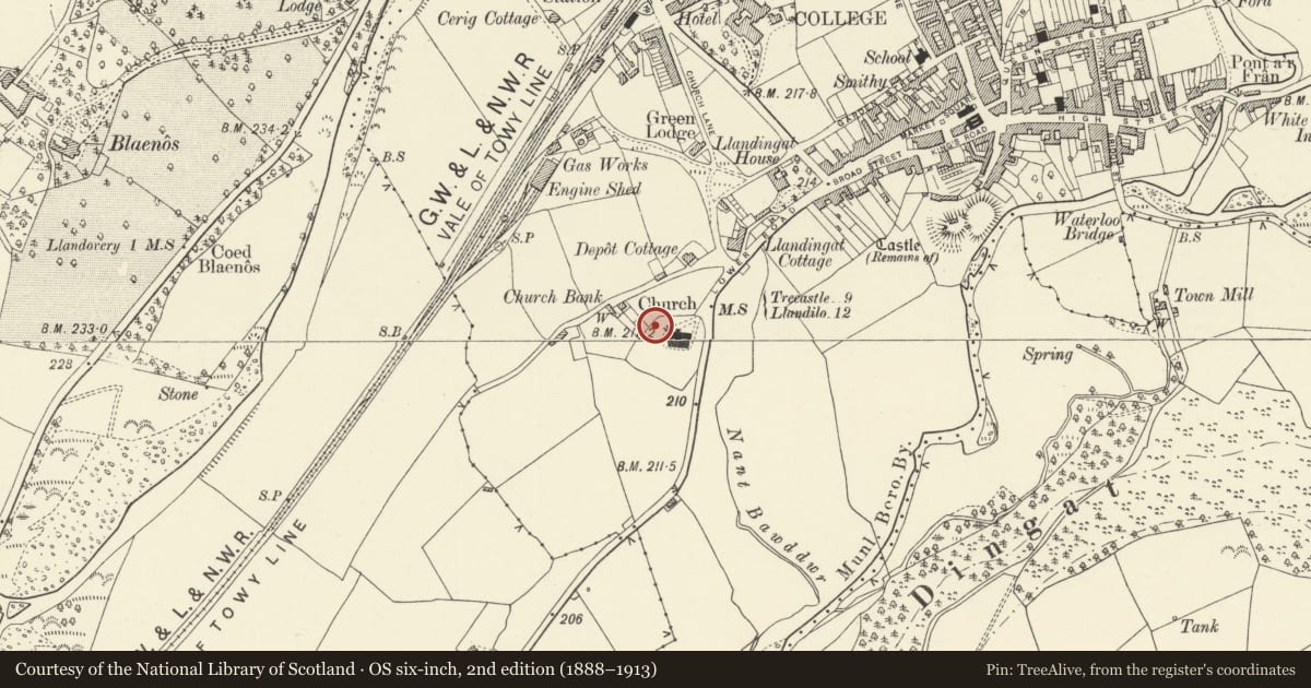 Ordnance Survey six-inch map, 2nd edition (1888–1913) covering the location of Sir Gardner Wilkinson tomb in churchyard of Church of St Dingat, Llandovery, Carmarthenshire, with a pin at the register's coordinates