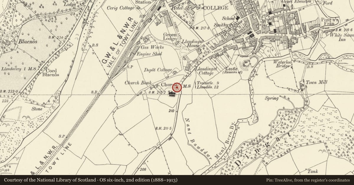 Ordnance Survey six-inch map, 2nd edition (1888–1913) covering the location of Lychgate and N gate to churchyard of Church of St Dingat, Llandovery, Carmarthenshire, with a pin at the register's coordinates