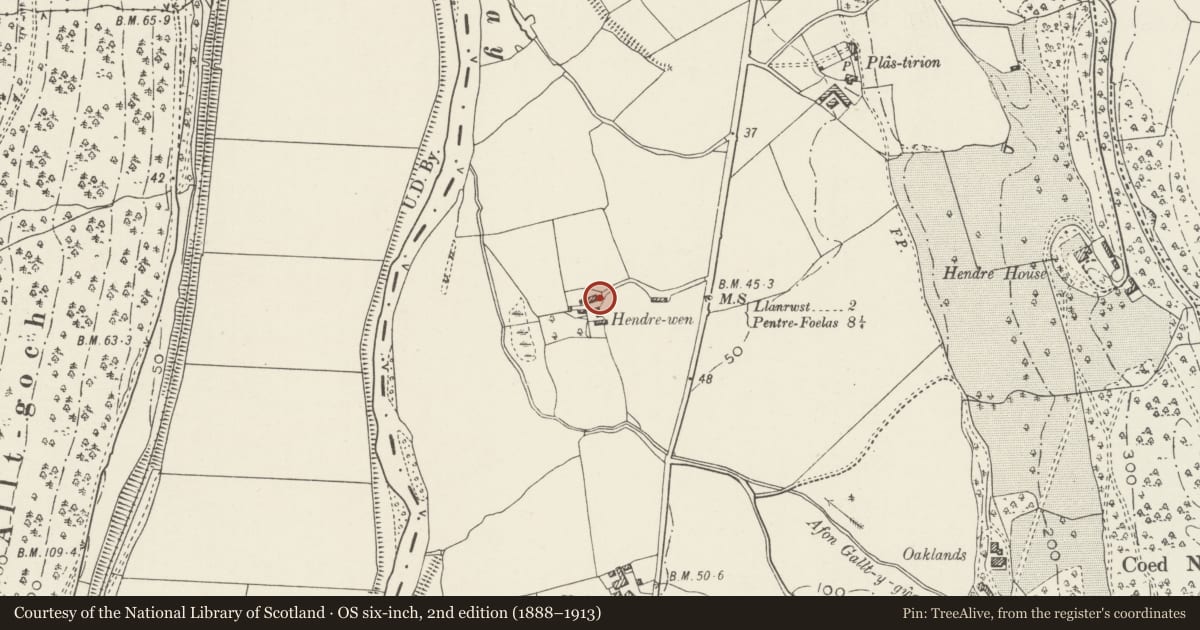 Ordnance Survey six-inch map, 2nd edition (1888–1913) covering the location of Hendre Wen, Bro Garmon, Conwy, with a pin at the register's coordinates