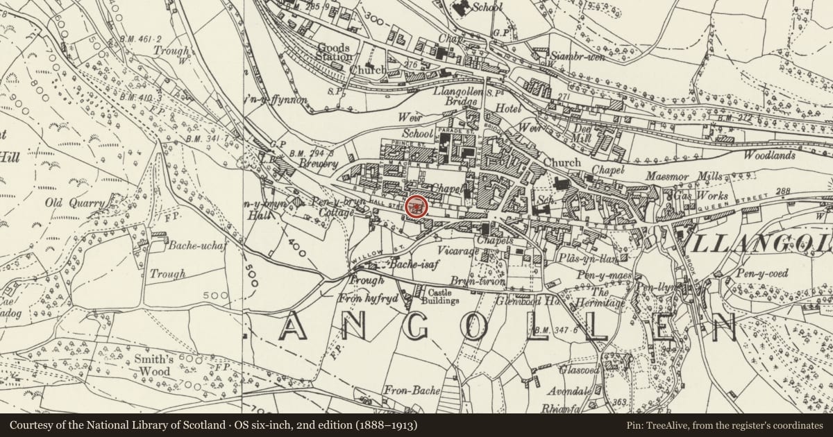 Ordnance Survey six-inch map, 2nd edition (1888–1913) covering the location of Post Office (excluding Dalesford), Llangollen, Denbighshire, with a pin at the register's coordinates