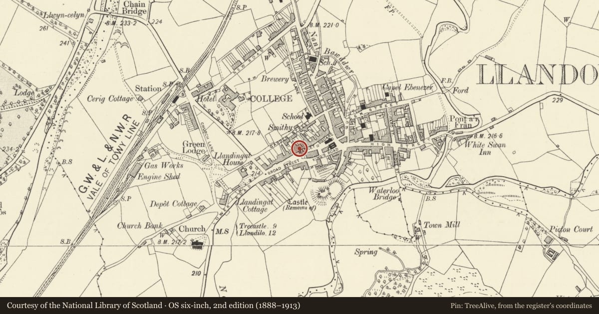Ordnance Survey six-inch map, 2nd edition (1888–1913) covering the location of Church House, Llandovery, Carmarthenshire, with a pin at the register's coordinates