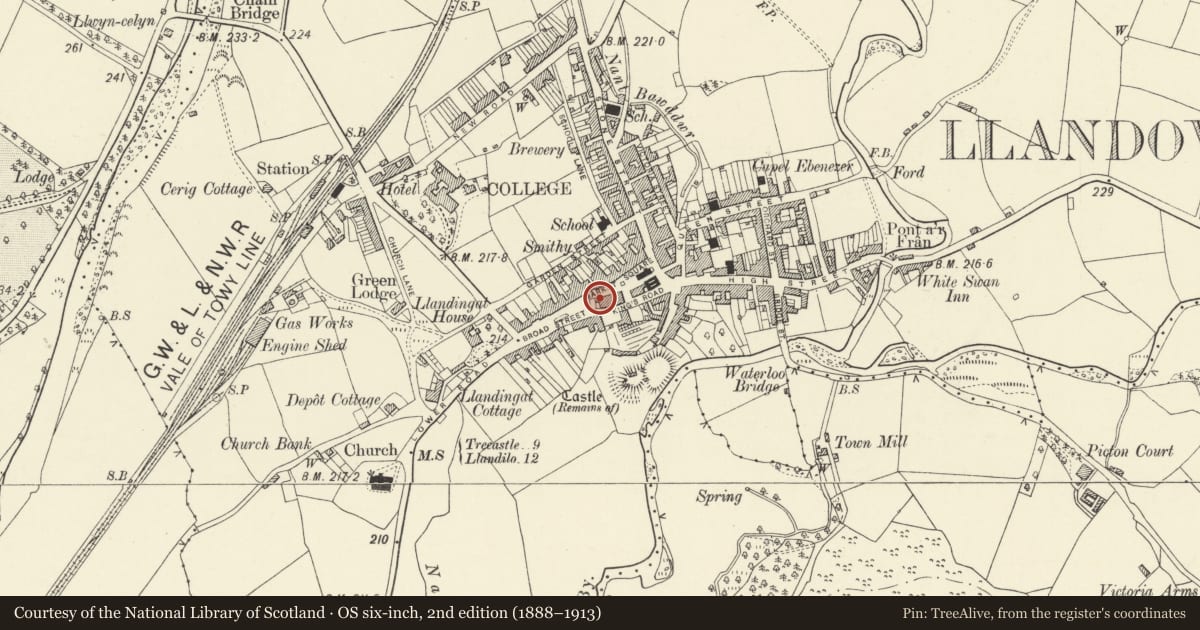 Ordnance Survey six-inch map, 2nd edition (1888–1913) covering the location of 18 Market Square, Llandovery, Carmarthenshire, with a pin at the register's coordinates
