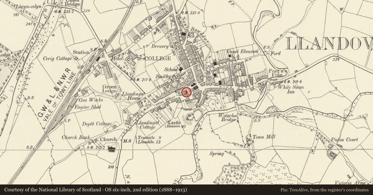 Ordnance Survey six-inch map, 2nd edition (1888–1913) covering the location of The Bear Inn, Llandovery, Carmarthenshire, with a pin at the register's coordinates