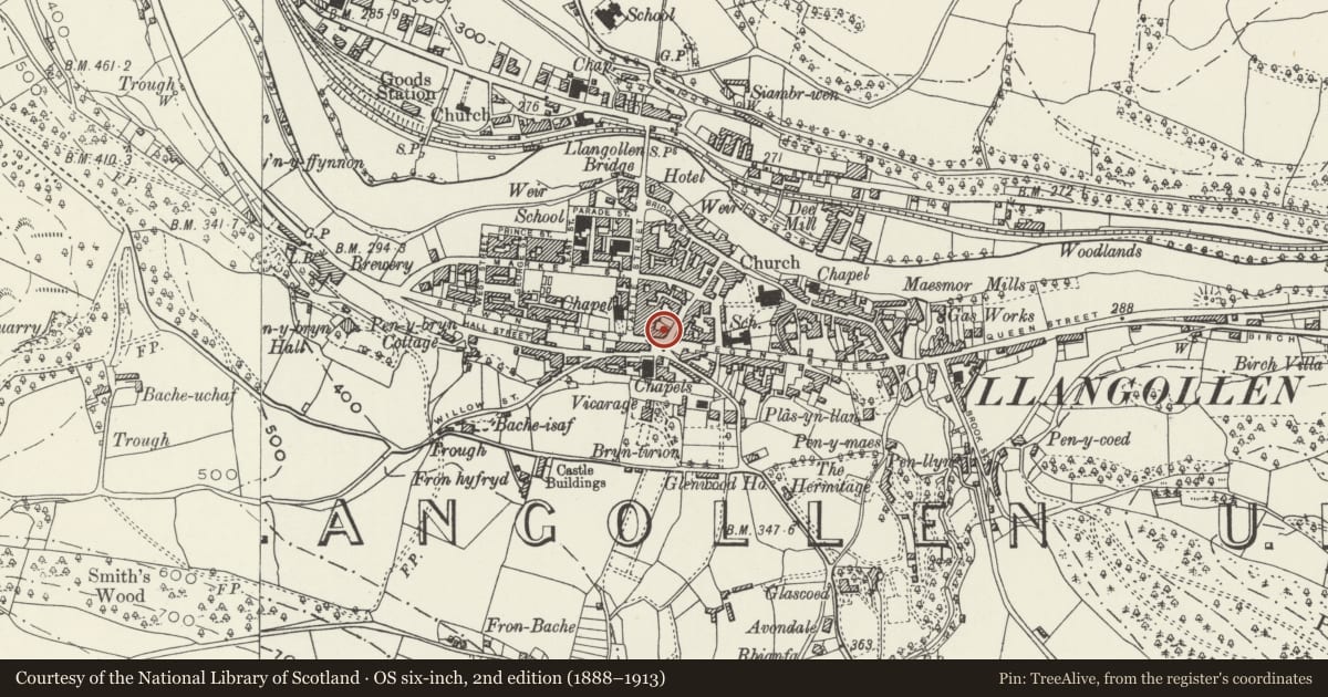 Ordnance Survey six-inch map, 2nd edition (1888–1913) covering the location of The Old Bank (including the Lower Range entered from Capel Street, Llangollen, Denbighshire, with a pin at the register's coordinates
