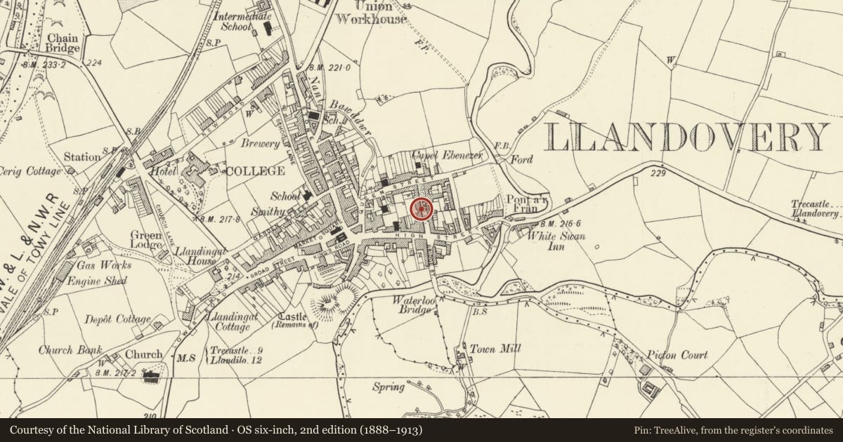 Ordnance Survey six-inch map, 2nd edition (1888–1913) covering the location of Brodawel, Llandovery, Carmarthenshire, with a pin at the register's coordinates