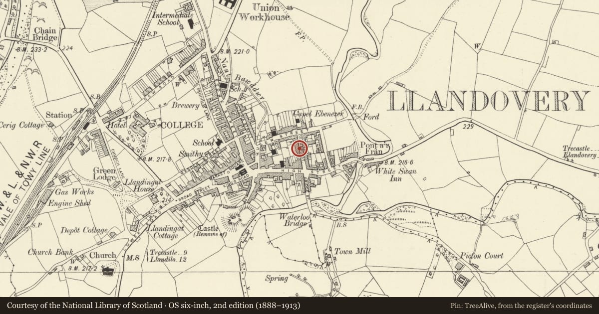 Ordnance Survey six-inch map, 2nd edition (1888–1913) covering the location of Ael-y-bryn, Llandovery, Carmarthenshire, with a pin at the register's coordinates
