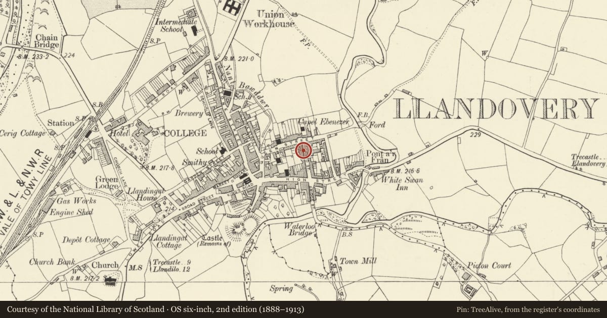 Ordnance Survey six-inch map, 2nd edition (1888–1913) covering the location of Clydfan, Llandovery, Carmarthenshire, with a pin at the register's coordinates