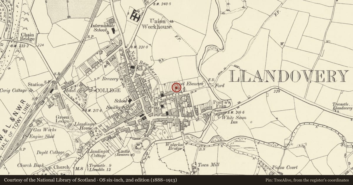 Ordnance Survey six-inch map, 2nd edition (1888–1913) covering the location of Ebenezer Baptist Chapel, Llandovery, Carmarthenshire, with a pin at the register's coordinates