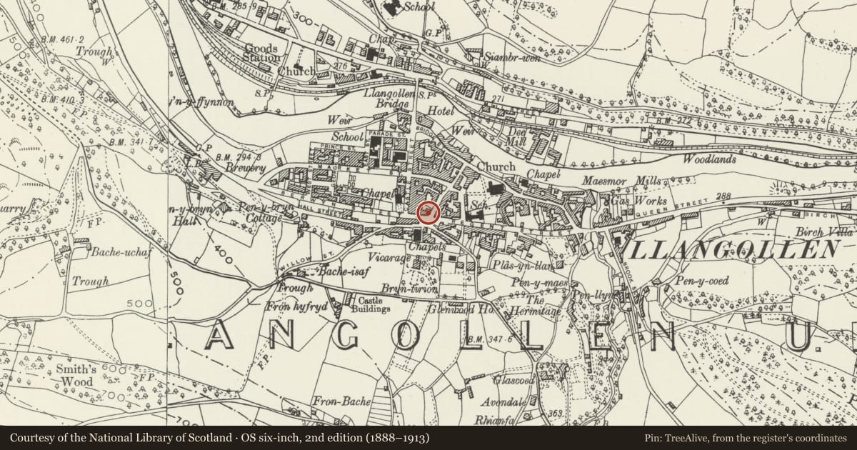 Ordnance Survey six-inch map, 2nd edition (1888–1913) covering the location of Pillar Box on the corner with Chapel St & Berwyn St, Llangollen, Denbighshire, with a pin at the register's coordinates