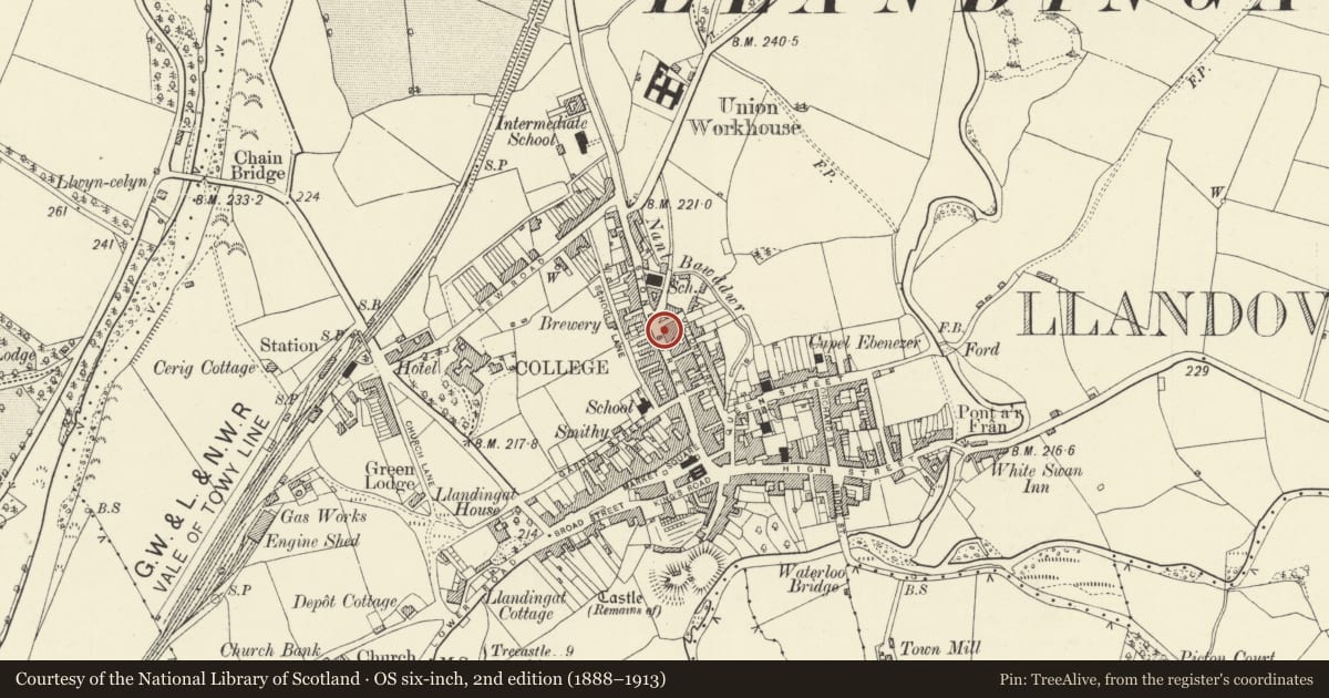 Ordnance Survey six-inch map, 2nd edition (1888–1913) covering the location of The New White Lion Inn, Llandovery, Carmarthenshire, with a pin at the register's coordinates