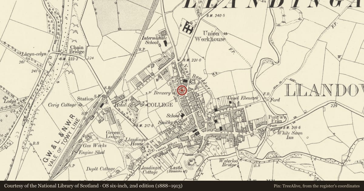 Ordnance Survey six-inch map, 2nd edition (1888–1913) covering the location of Ty Cerrig, Llandovery, Carmarthenshire, with a pin at the register's coordinates