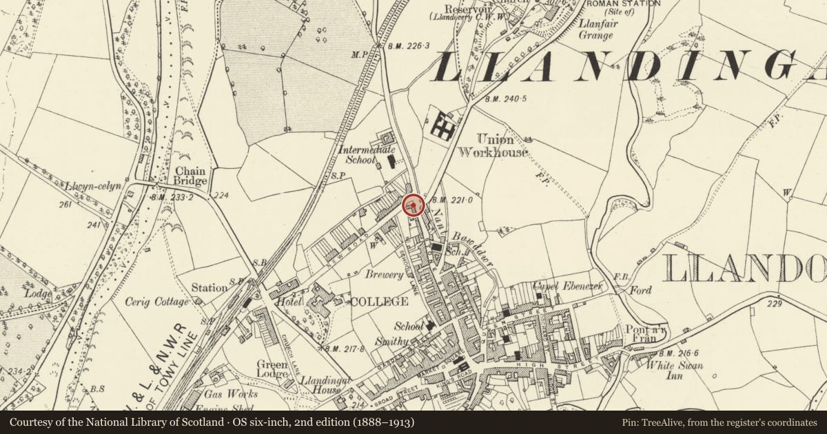Ordnance Survey six-inch map, 2nd edition (1888–1913) covering the location of Windermere House, Llandovery, Carmarthenshire, with a pin at the register's coordinates