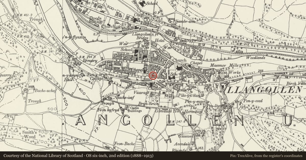 Ordnance Survey six-inch map, 2nd edition (1888–1913) covering the location of Watkins & Williams, Llangollen, Denbighshire, with a pin at the register's coordinates
