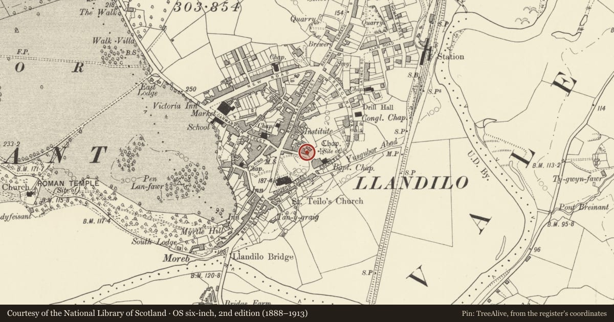 Ordnance Survey six-inch map, 2nd edition (1888–1913) covering the location of 5 Abbey Terrace, Llandeilo, Carmarthenshire, with a pin at the register's coordinates
