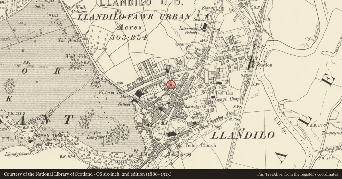 Ordnance Survey six-inch map, 2nd edition (1888–1913) covering the location of Bank Buildings, Llandeilo, Carmarthenshire, with a pin at the register's coordinates