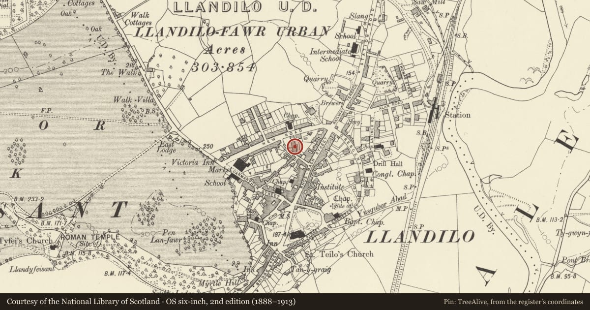 Ordnance Survey six-inch map, 2nd edition (1888–1913) covering the location of 14 Bank Buildings, Llandeilo, Carmarthenshire, with a pin at the register's coordinates