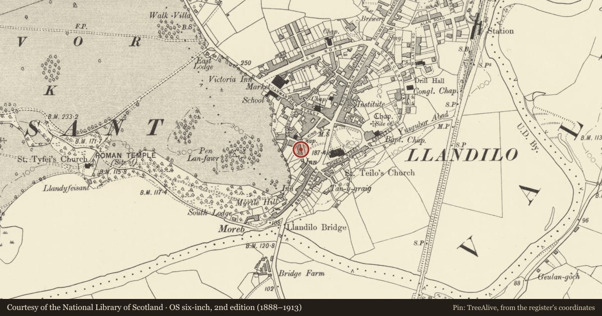 Ordnance Survey six-inch map, 2nd edition (1888–1913) covering the location of Bank House, Llandeilo, Carmarthenshire, with a pin at the register's coordinates