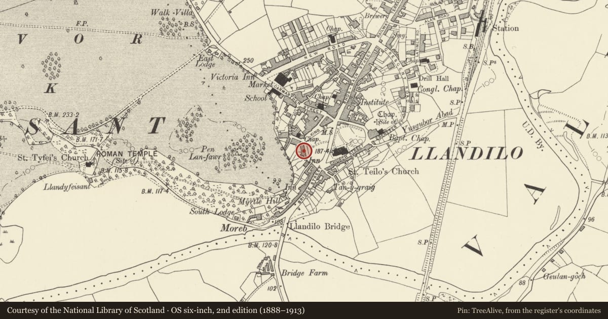 Ordnance Survey six-inch map, 2nd edition (1888–1913) covering the location of 3 Bank Terrace, Llandeilo, Carmarthenshire, with a pin at the register's coordinates