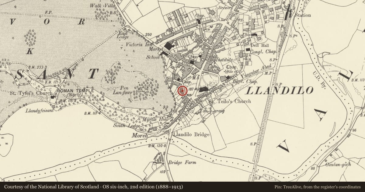 Ordnance Survey six-inch map, 2nd edition (1888–1913) covering the location of 4 Bank Terrace, Llandeilo, Carmarthenshire, with a pin at the register's coordinates