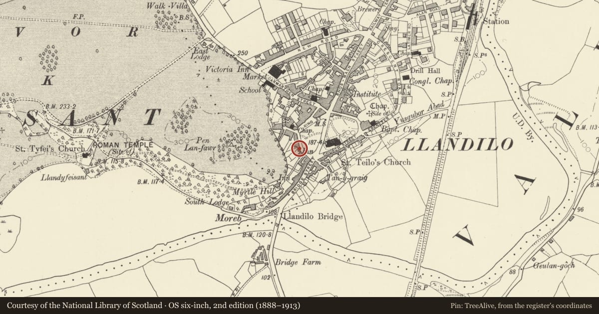 Ordnance Survey six-inch map, 2nd edition (1888–1913) covering the location of Six Bells, Llandeilo, Carmarthenshire, with a pin at the register's coordinates