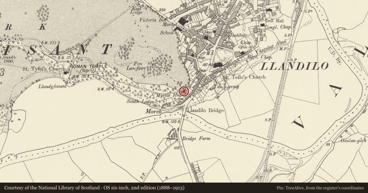 Ordnance Survey six-inch map, 2nd edition (1888–1913) covering the location of Myrtle Hill, Llandeilo, Carmarthenshire, with a pin at the register's coordinates