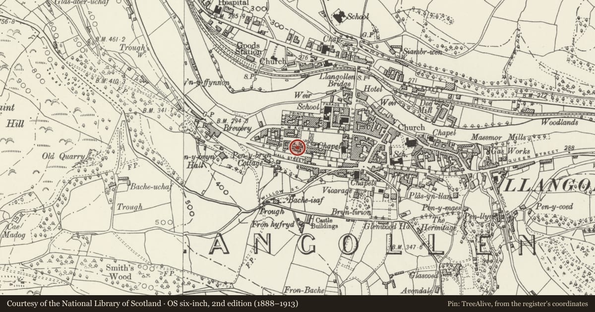 Ordnance Survey six-inch map, 2nd edition (1888–1913) covering the location of Cambrian Hotel, Llangollen, Denbighshire, with a pin at the register's coordinates