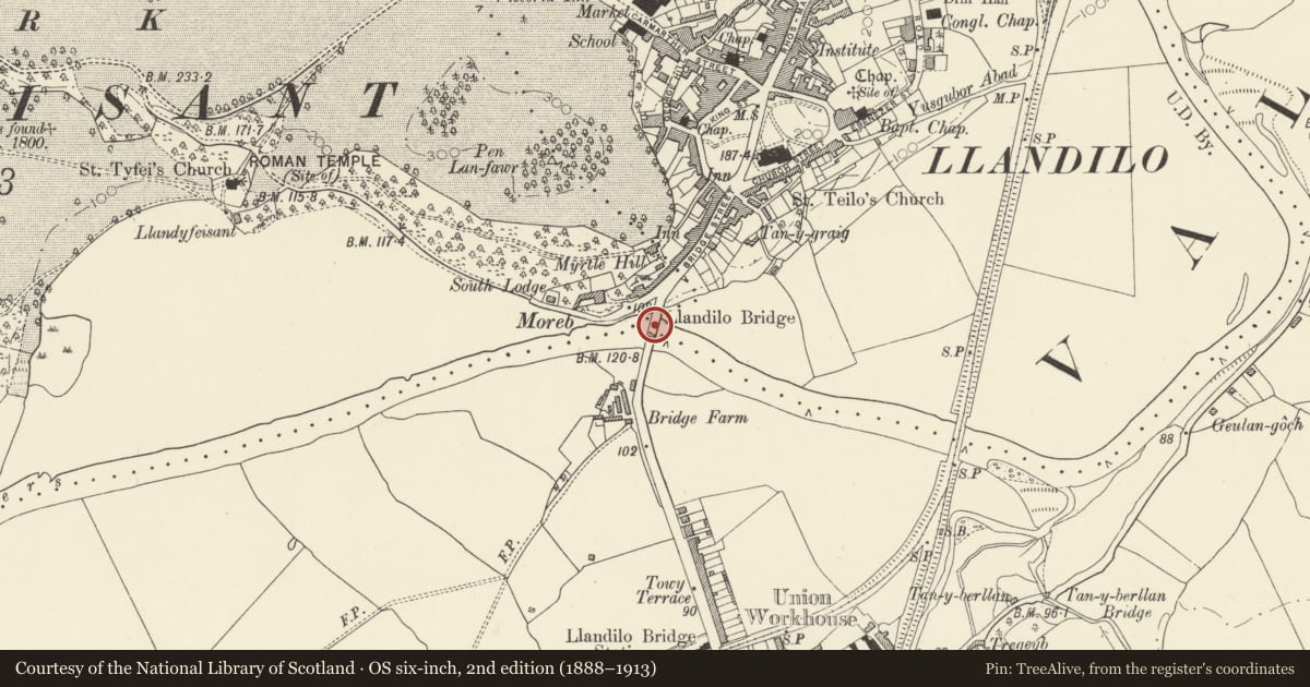 Ordnance Survey six-inch map, 2nd edition (1888–1913) covering the location of Llandeilo Bridge (including Causeway), Carmarthenshire, with a pin at the register's coordinates