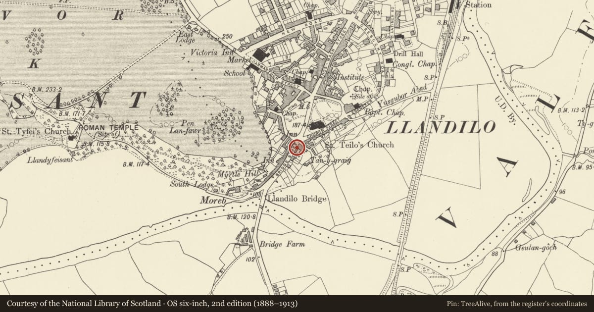 Ordnance Survey six-inch map, 2nd edition (1888–1913) covering the location of 25 Bridge Street, Llandeilo, Carmarthenshire, with a pin at the register's coordinates